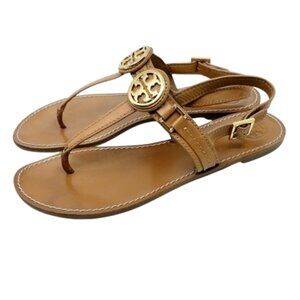 TORY BURCH~Everly~TAN LEATHER GOLD REVA LOGO FLAT THONG SANDALS SHOES~SIZE 10